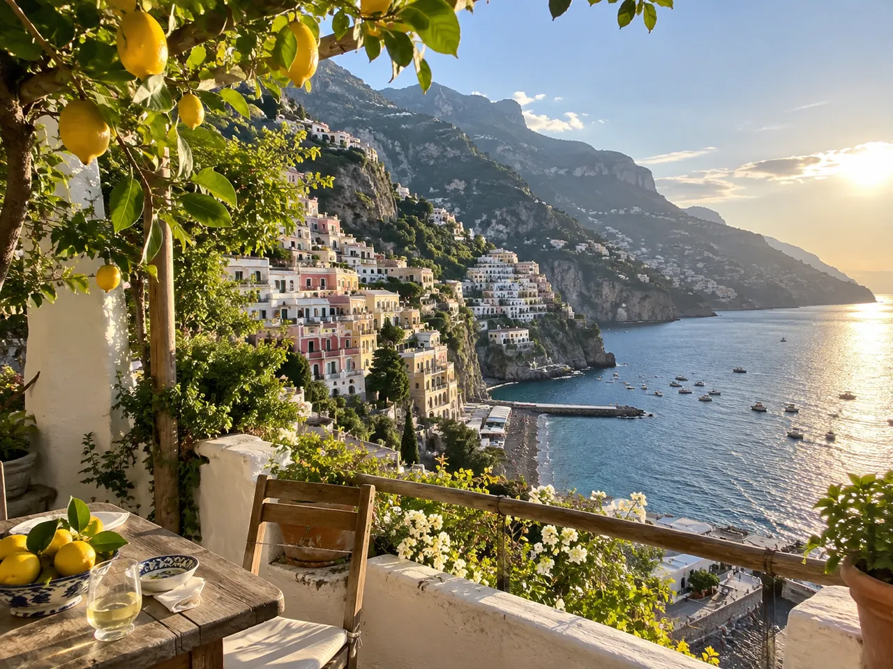 AI-generated view of the Amalfi coast, with lemon trees and a sunlit sea